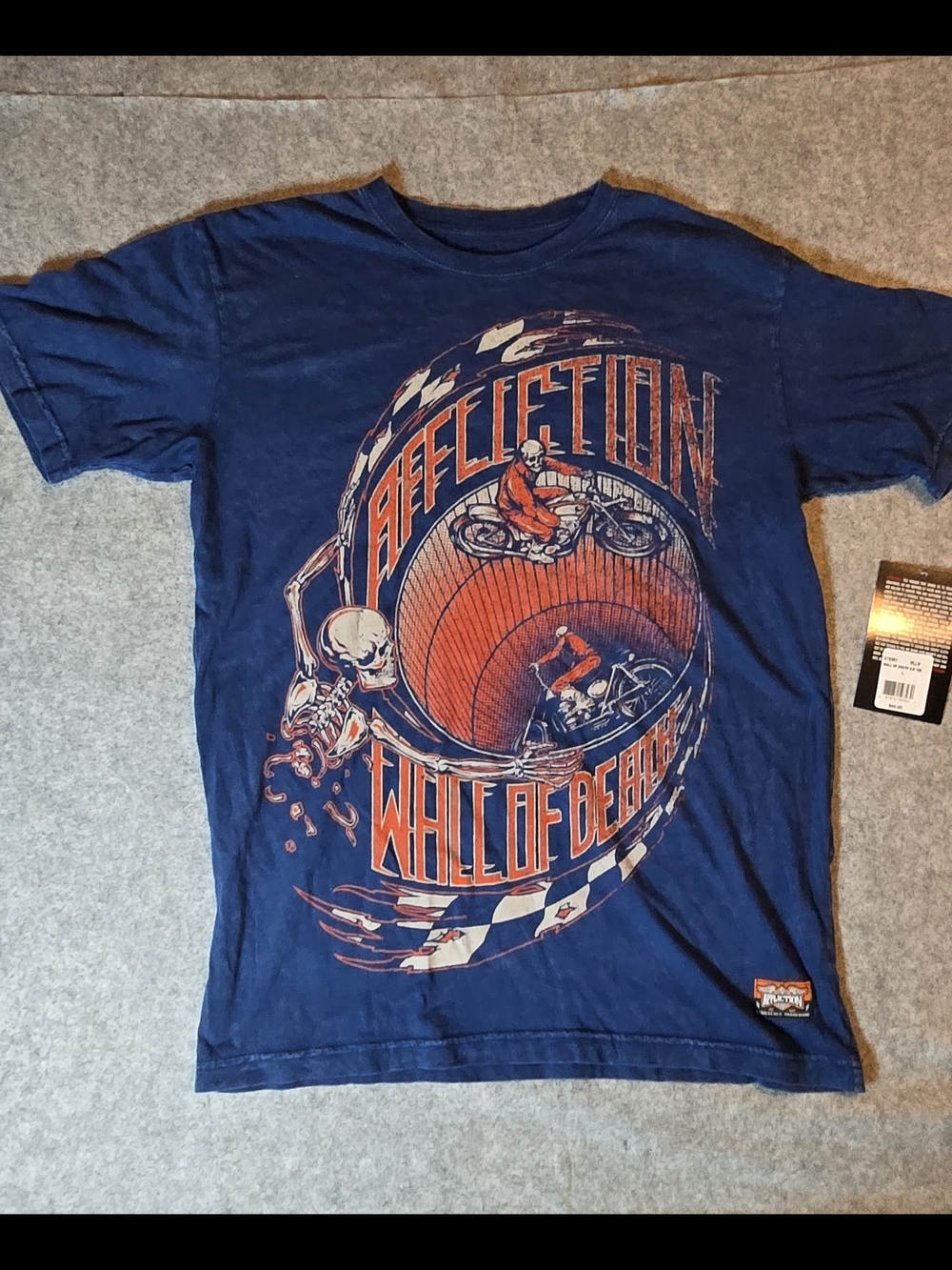 Affliction Blue Tee with Orange & Red Motorcycle Graphic